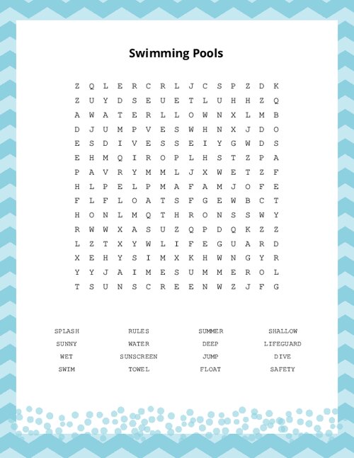 Swimming Pools Word Search Puzzle