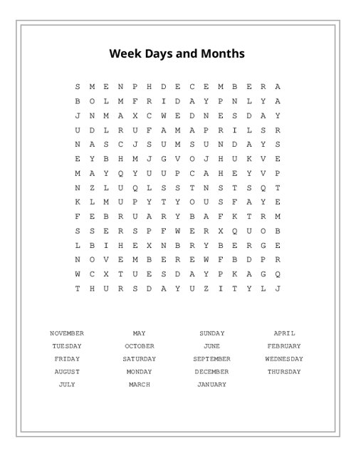 Week Days and Months Word Search Puzzle