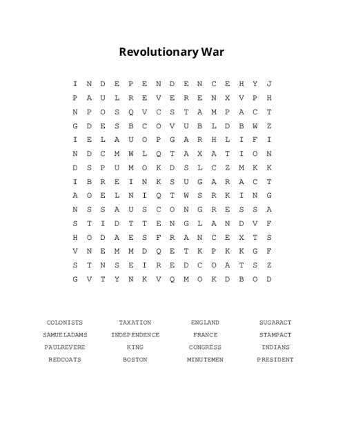Revolutionary War Word Search Puzzle