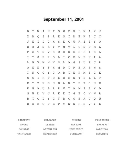 September 11, 2001 Word Search Puzzle