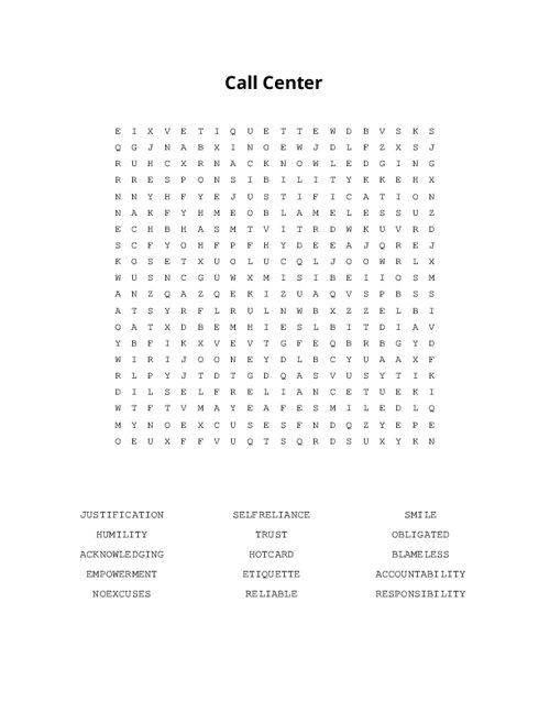 Call Center Word Search Puzzle