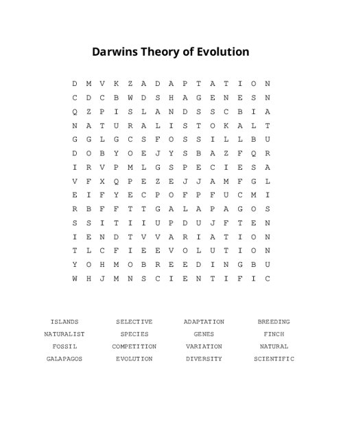 Darwins Theory of Evolution Word Search Puzzle