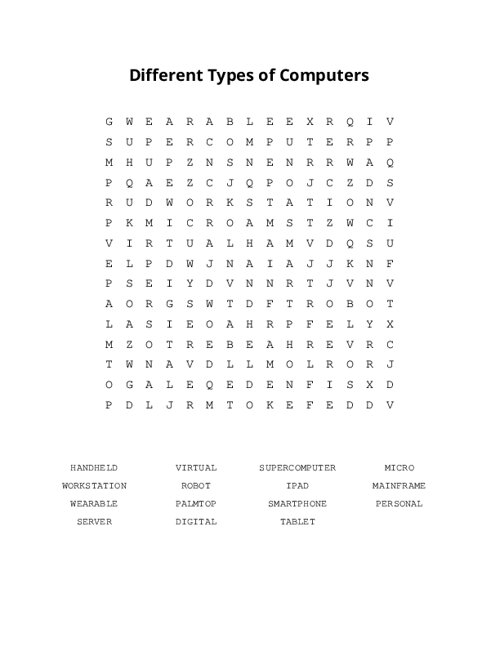 Different Types of Computers Word Search Puzzle