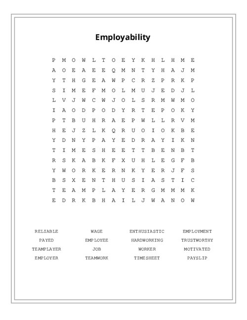 Employability Word Search Puzzle