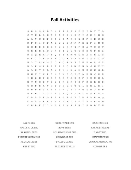 Fall Activities Word Search Puzzle