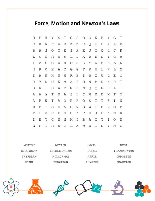 Force, Motion and Newton's Laws Word Search Puzzle