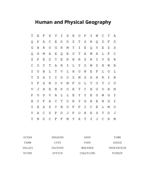 Human and Physical Geography Word Search Puzzle