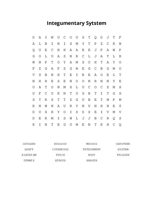 Integumentary Sytstem Word Search Puzzle