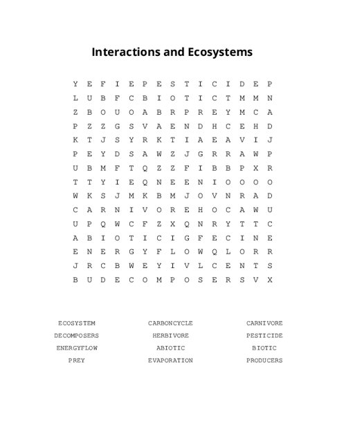 Interactions and Ecosystems Word Search Puzzle