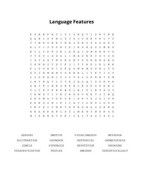 Language Features Word Search Puzzle