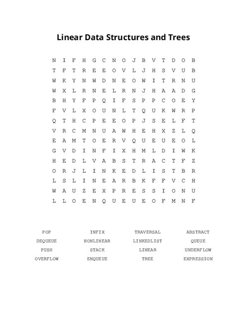 Linear Data Structures and Trees Word Search Puzzle