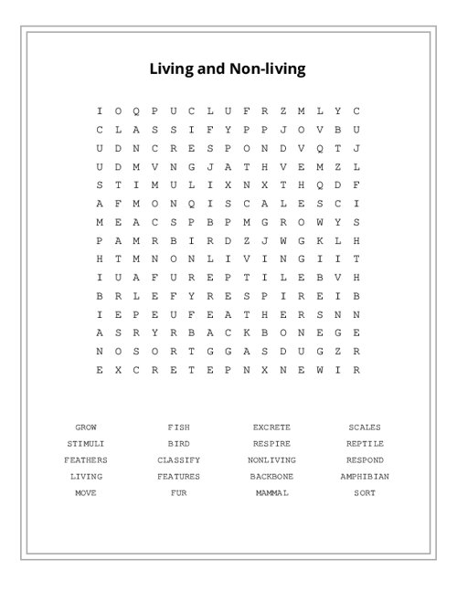 Living and Non-living Word Search Puzzle