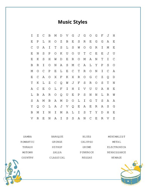 Music Styles Word Search Puzzle