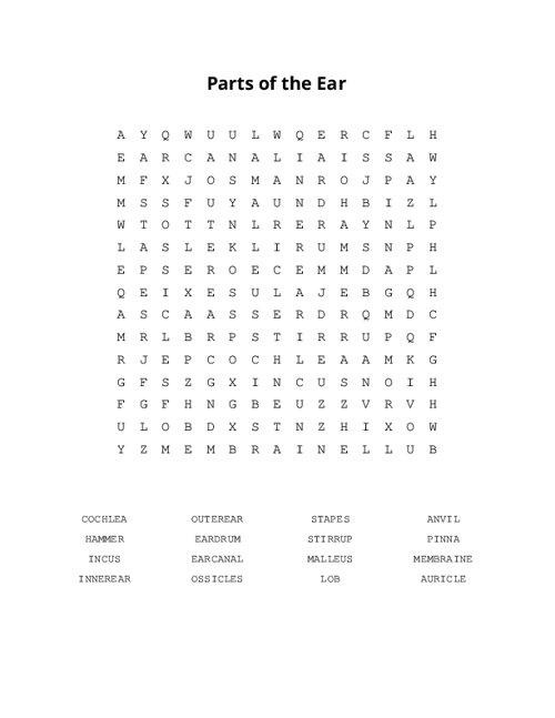 Parts of the Ear Word Search Puzzle