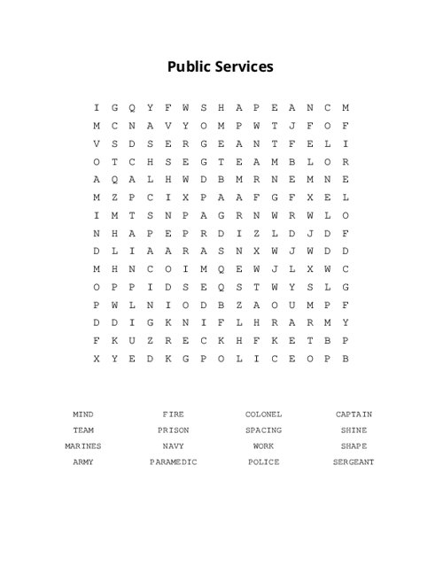 Public Services Word Search Puzzle