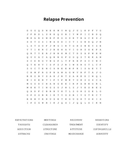 Relapse Prevention Word Search Puzzle