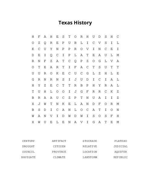 Texas History Word Search Puzzle
