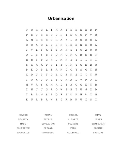 Urbanisation Word Search Puzzle