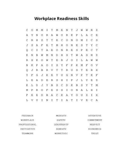 Workplace Readiness Skills Word Search Puzzle