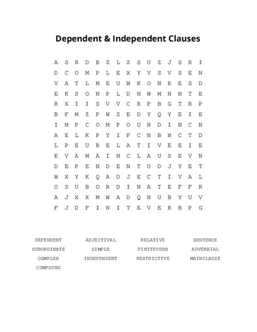 Dependent & Independent Clauses Word Search Puzzle