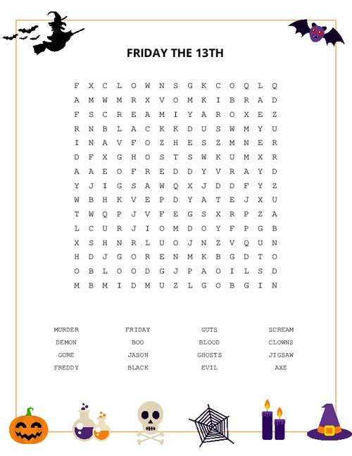 Friday the 13th Word Search Activity by Purple Palmetto