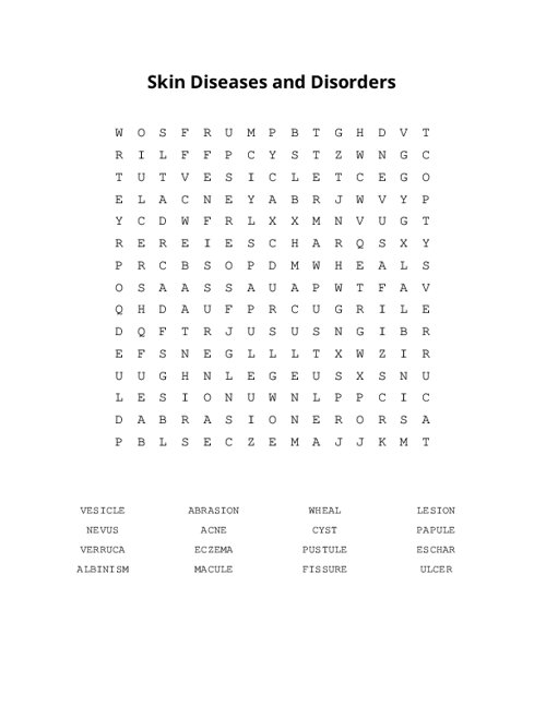 Skin Diseases and Disorders Word Search Puzzle