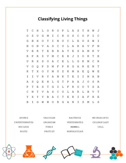 Classifying Living Things Word Search Puzzle