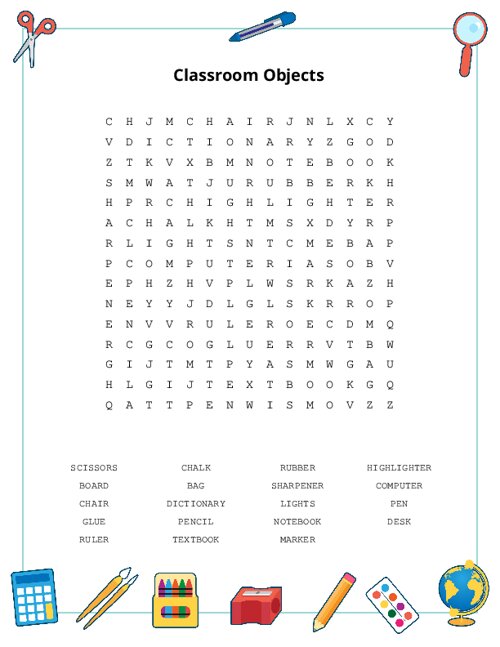 Classroom Objects Word Search Puzzle