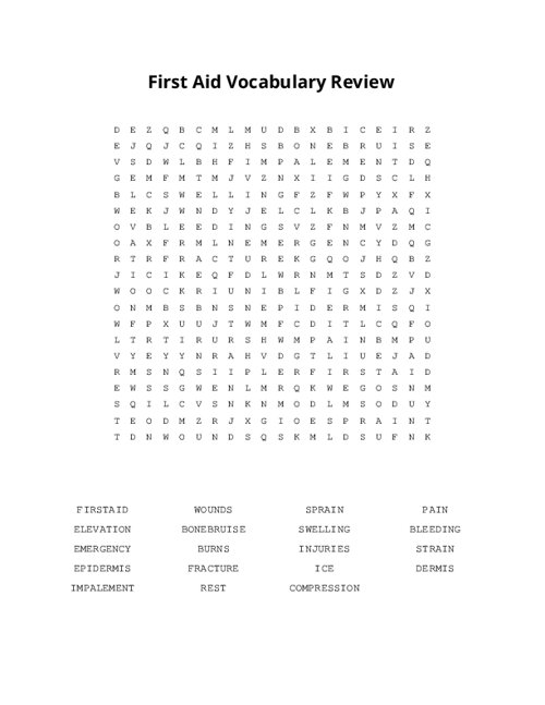 First Aid Vocabulary Review Word Search Puzzle