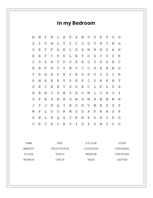 In my Bedroom Word Search Puzzle