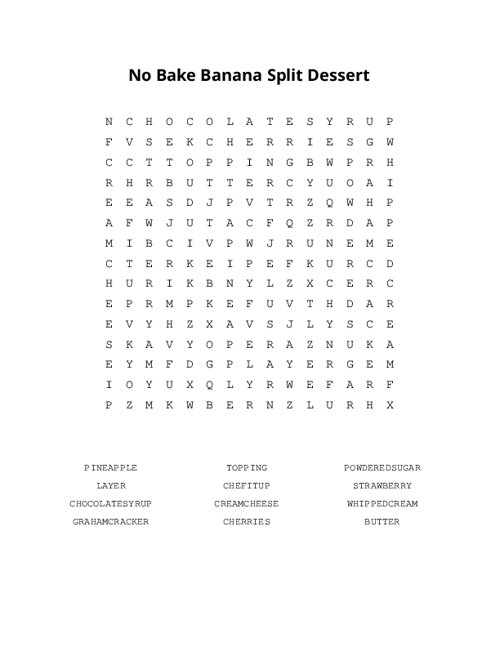 No Bake Banana Split Dessert Word Search Puzzle