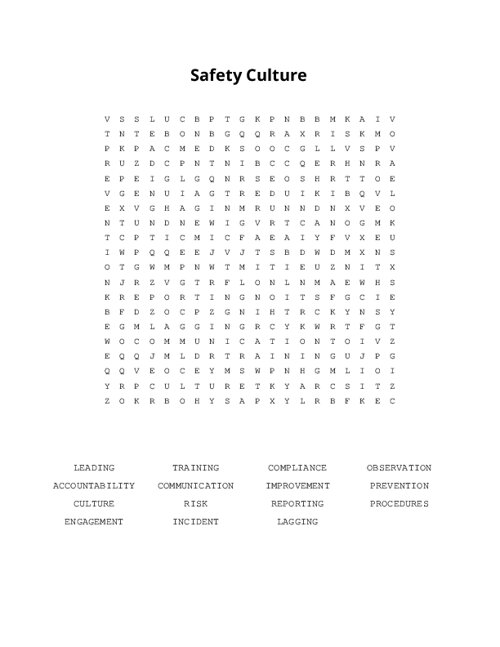 Safety Culture Word Search Puzzle