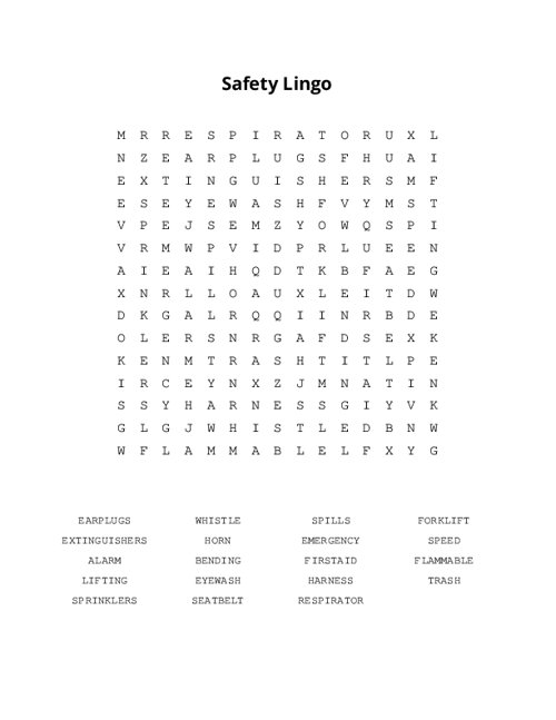 Safety Lingo Word Search Puzzle