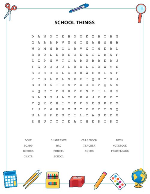 SCHOOL THINGS Word Search Puzzle