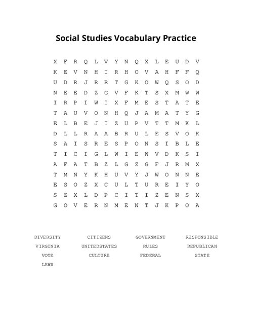 Social Studies Vocabulary Practice Word Search Puzzle