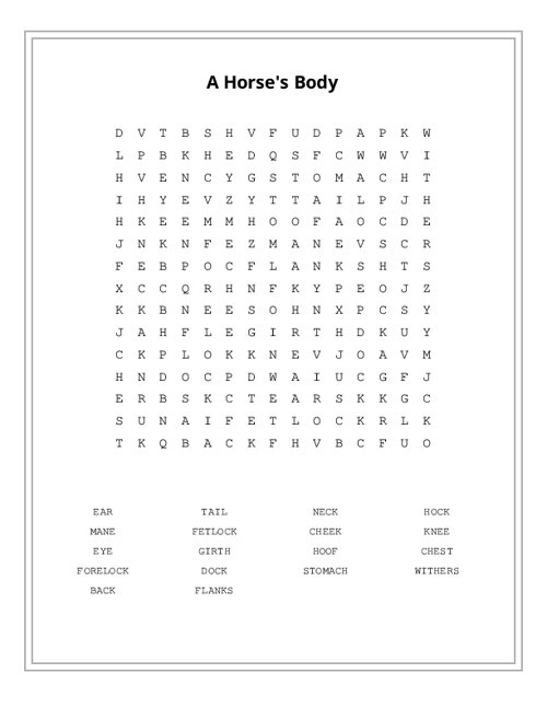 A Horse's Body Word Search Puzzle