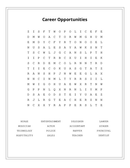 Career Opportunities Word Search Puzzle