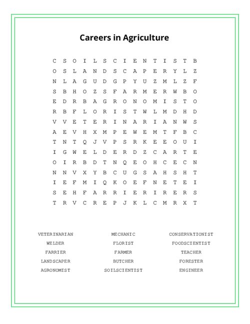 Careers in Agriculture Word Search Puzzle