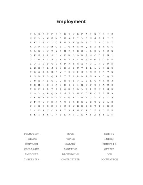 Employment Word Search Puzzle