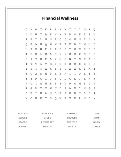 Financial Wellness Word Search Puzzle