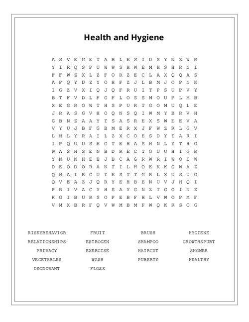 Health and Hygiene Word Search Puzzle
