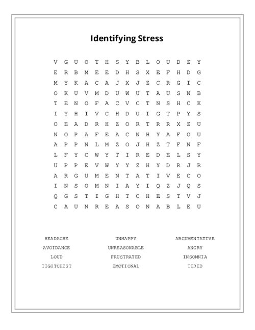 Identifying Stress Word Search Puzzle