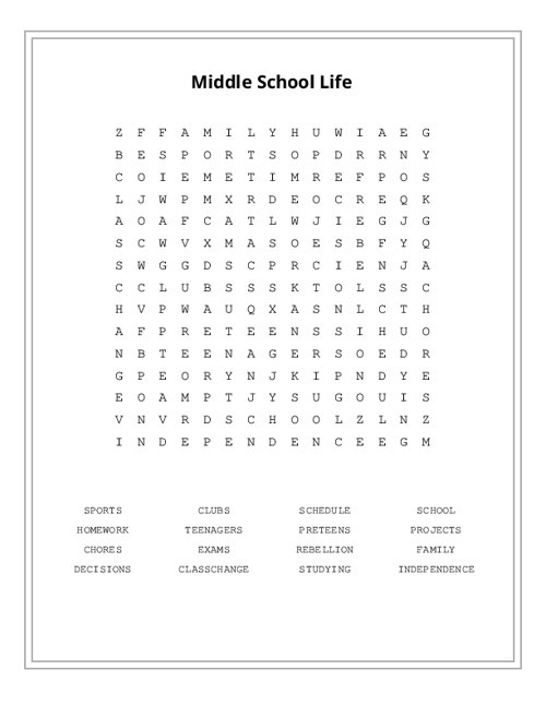 Middle School Life Word Search Puzzle
