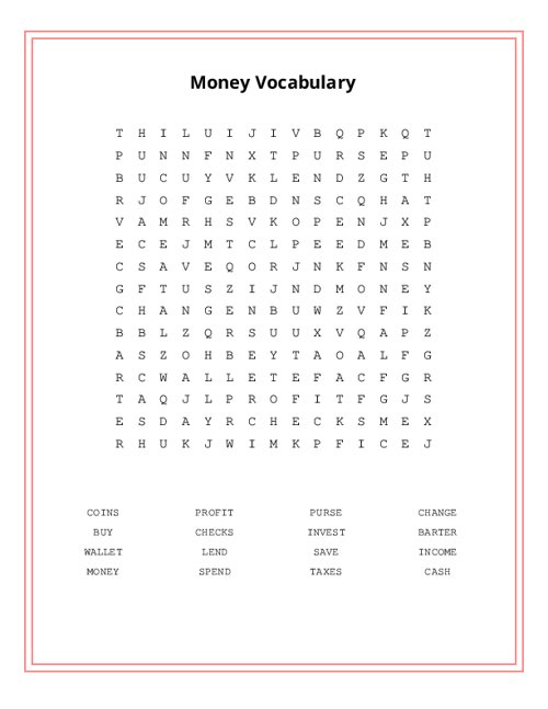 Money Vocabulary Word Search Puzzle