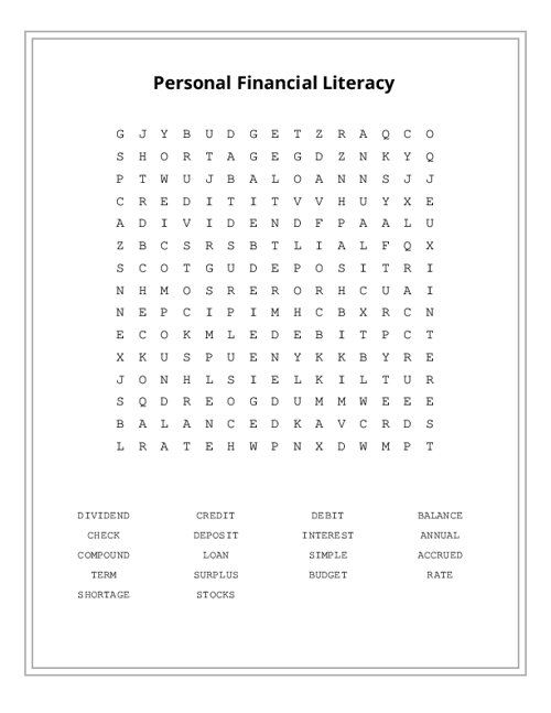 Personal Financial Literacy Word Search Puzzle
