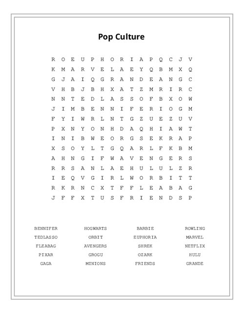 Pop Culture Word Search Puzzle