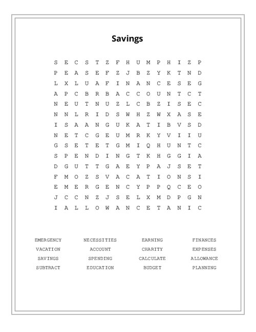 Savings Word Search Puzzle