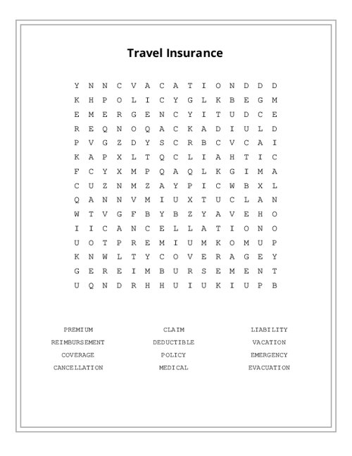 Travel Insurance Word Search Puzzle