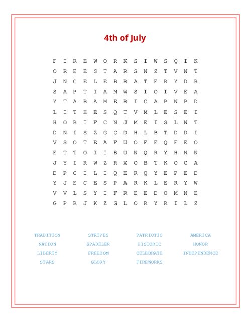 4th of July Word Search Puzzle