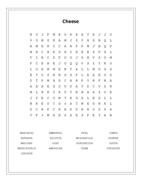 Cheese Word Search Puzzle